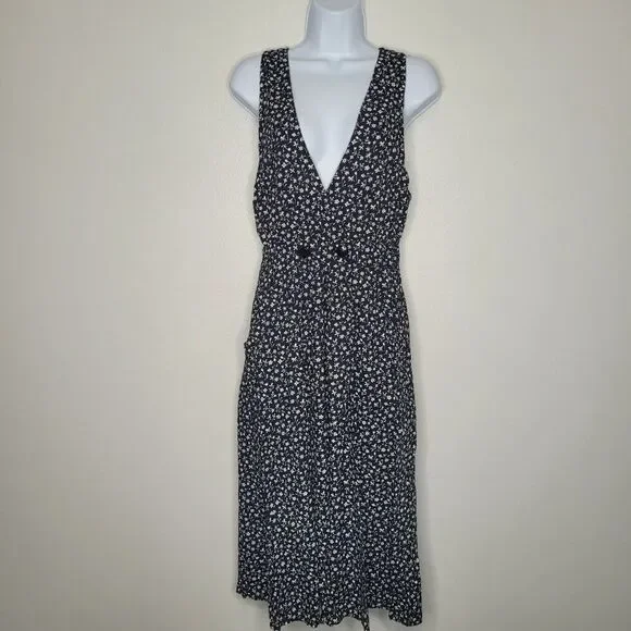 Vintage 80s 90s black white ditsy floral moody midi dress size 8 pockets