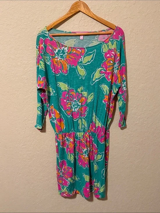 Lilly Pulitzer Teal Floral Long-Sleeve Dress with Pink & Orange Flowers