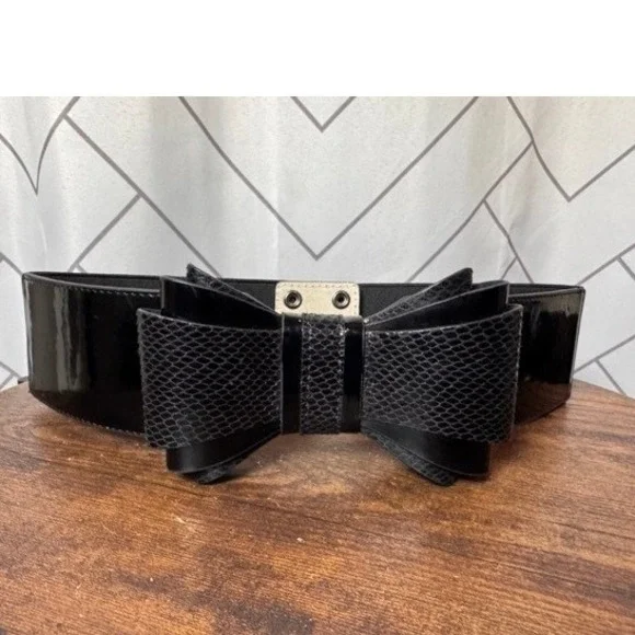 White House Black Market NEW Womens Black Wide Belt Elastic Bow Cinch Patent
