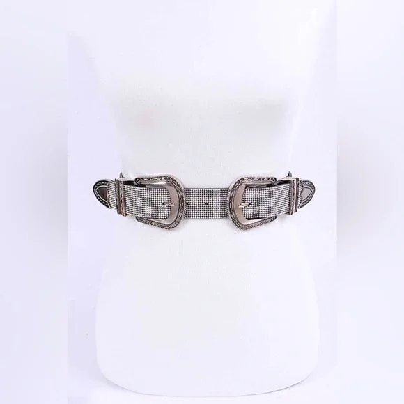 Plus Size Western Rhinestone Double Buckle Leather Statement Belt