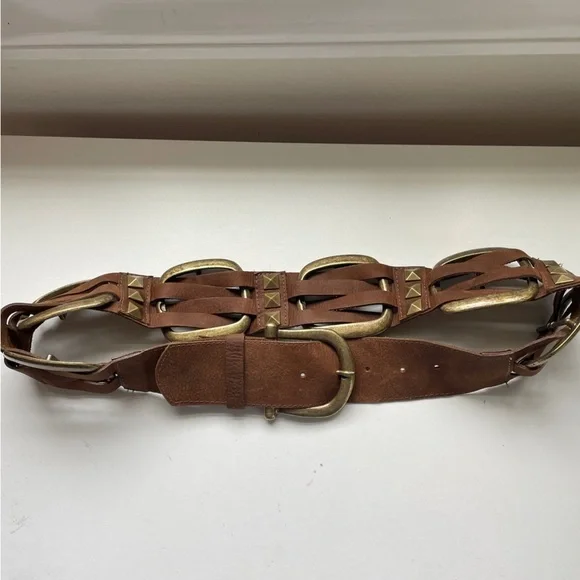 Leatherock Brown Leather Belt Brass Metal Accents Studs 36