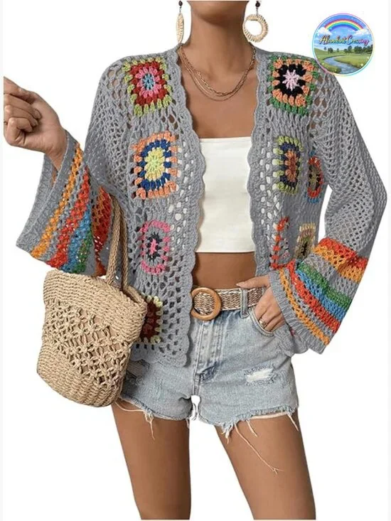 Floral Crochet Open Front Cardigan Sweater Long Sleeve Lightweight Casual