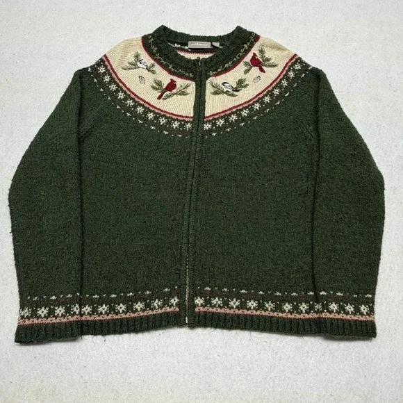 Vintage Croft & Barrow Silk Wool Fair Isle Bird Embroidered Knit‎ Sweater Large