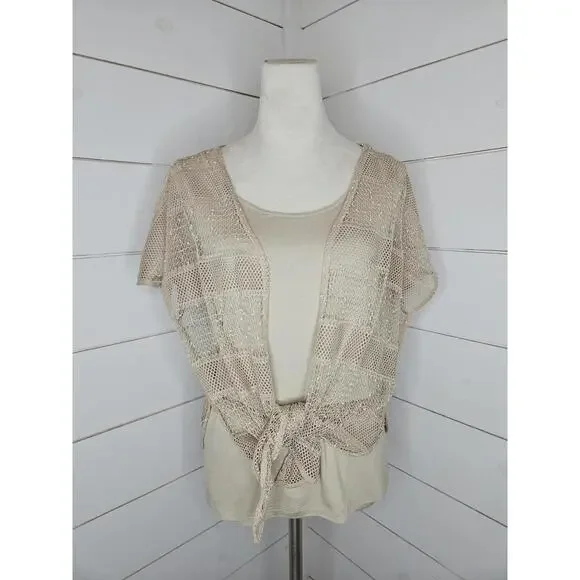 LOT Multiples Medium/P. Large tan open knit cover up & tank set. Tie front cardi