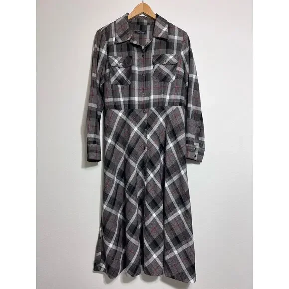 Chadwicks Dress Women Medium* Flannel Brown‎ Gray/Red A Line Cottage Boho