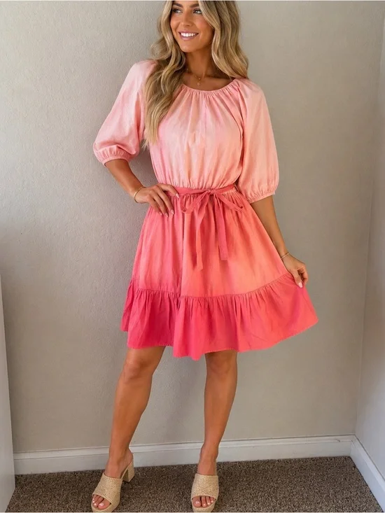Tuckernuck Oliphant Ombré Puff Sleeve Belted Coral Pink Mini Dress Size Medium