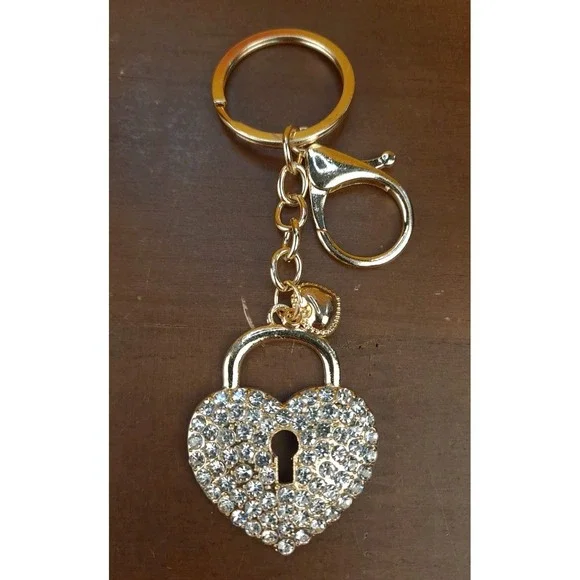 Heart Rhinestone Keychain Bag Purse Charm Bling Keyring Gold Tone New‎
