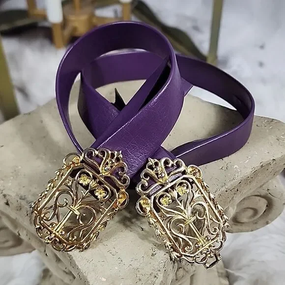 Mimi Di N Signed Gold & Silver Tone Floral & Heart Belt Buckle Clasps 1985 Glam