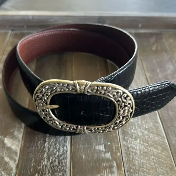 Croc Embossed Black Leather Belt Oval Ornate Silver Tone Buckle Women’s Size XL