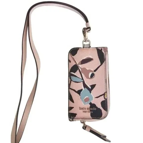NWT Kate‎ Spade Card Case Lanyard Cameron Paper Rose Pink Multi Wallet ID Holder