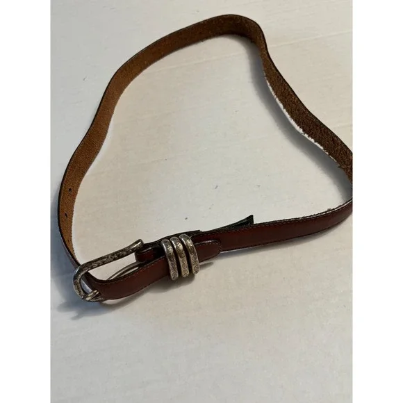 Brighton Brown Leather Belt Silver Engraved Scroll Buckle Triple Keeper Western