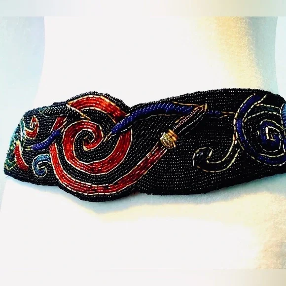 Vtg Christian Dior 80s beaded black+redbelt with rich tone beads.Size M/L
