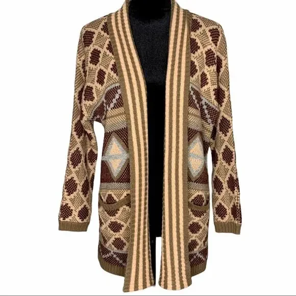 ENTRO Aztec Print Boho Tan Long Cardigan Sweater size Medium