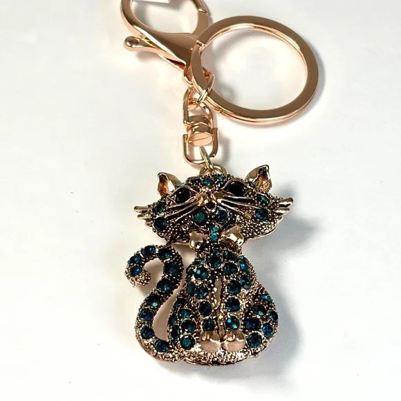 Whimsical Keychain Cat‎ Emerald Teal Rhinestone Gold Boho Bag Charm Gift Kitty