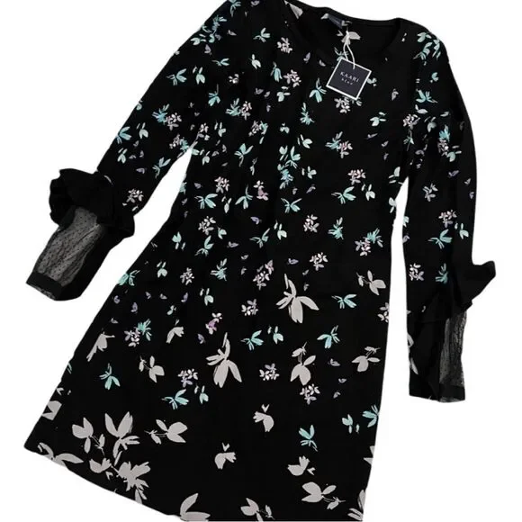 NWT Kaari Blue Floral Dress with Sheer Polka Dot Sleeve Detail