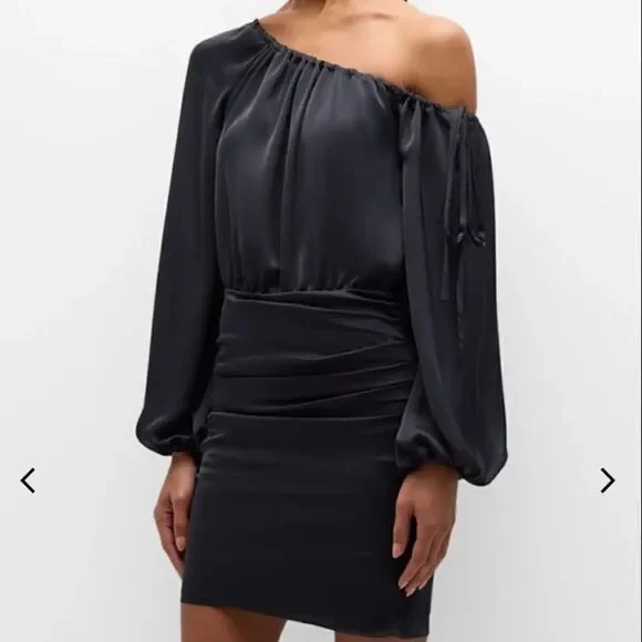 RAMY BROOK Louisa Long Sleeve Black One Shoulder Satin Mini Cocktail Dress Siz 4