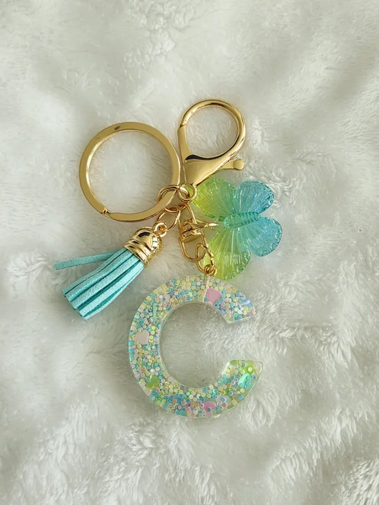 Sparkling Aqua Letter C Keychain with Tassel & Butterfly Bag Charm