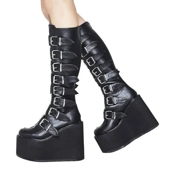 Swing strap knee boots Chic Black Multi-Buckle Platform women mid calf size 9