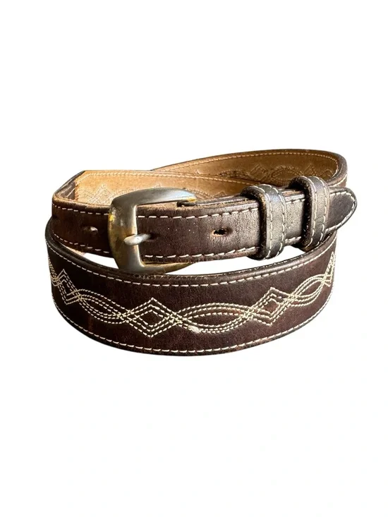 Vintage Brown Leather Belt Stitched Western Detail Unisex Womens Medium