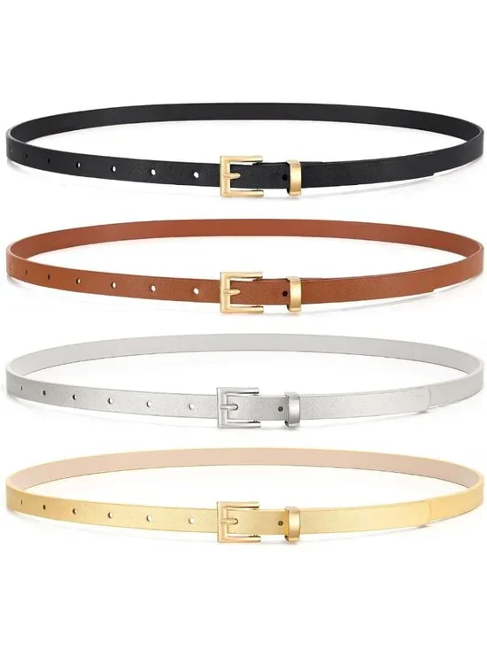 Set of 4 Women's Skinny Leather Belts - Thin Waist Belts with Metal Buckle for