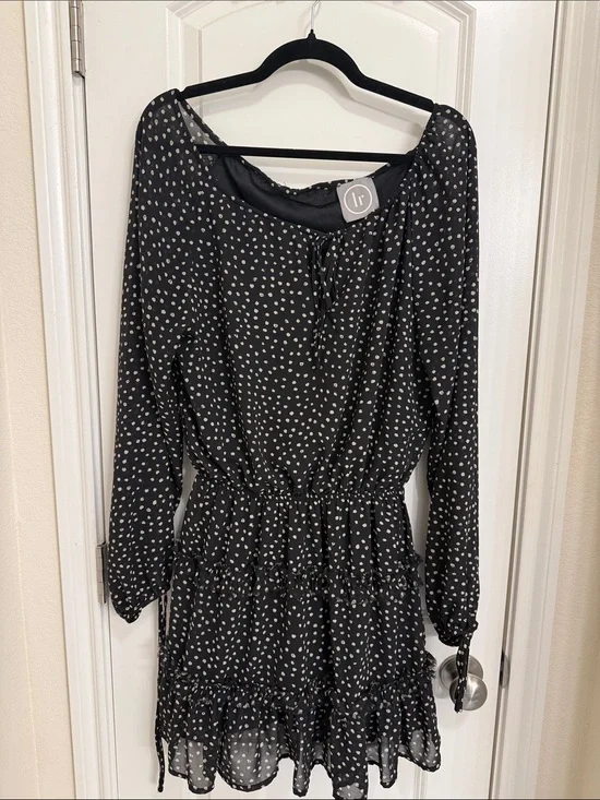 Black Polka Dot Long Sleeve Ruffle Dress