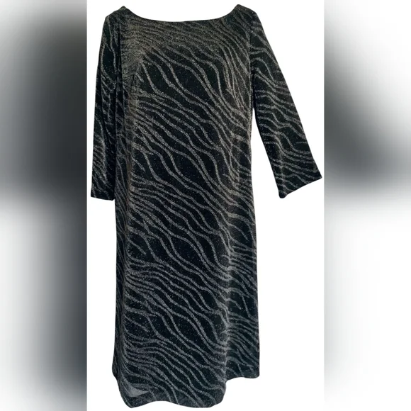 Black Label Evan Picone Black Silver 3/4 Sleeve Knee-Length Shift‎ Dress 6