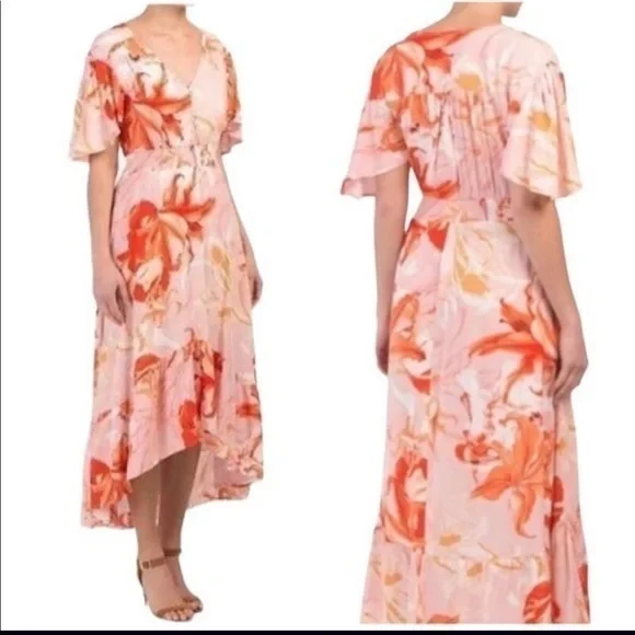 Pink Floral Lily Print High Low Maxi Dress Short Flutter Sleeve‎ Smocked Waist
