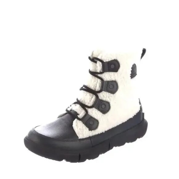 Sorel 7.5 Explorer Joan $140 Fuzzy Faux Fur Winter Boot Waterproof White Black