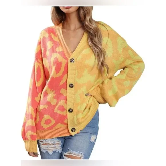 Libby Loves Leopard Button Front Ribbed Trim Cardigan One Size NWT cheetah