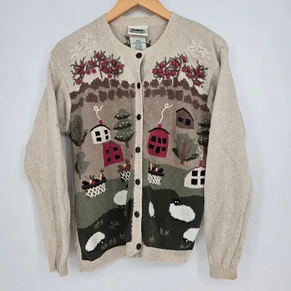 Vtg 90s Cottagecore Farm Sheep Cardigan Sweater Womens M Fall Autumn Rustic