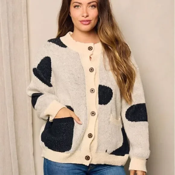 Popular Cow Hide Knit Pattern Button Front Cardigan Sweater Black Cream Pockets