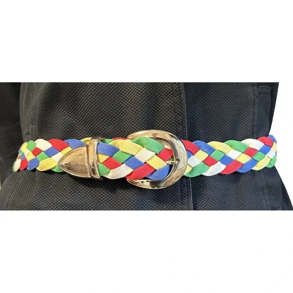 Vintage 70s-80s Belt Colorful Braided Fabric Metal Buckle Tip Waist 30-32 S VGUC