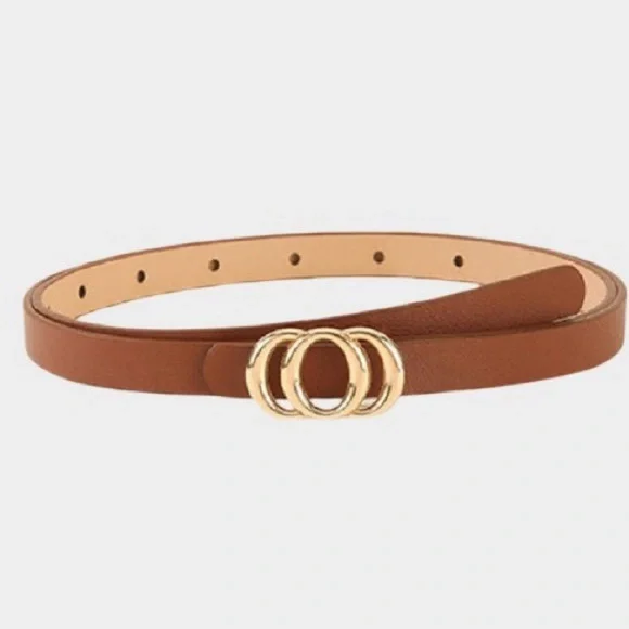 Camel Ring Vegan Leather Skinny Belt (U414)