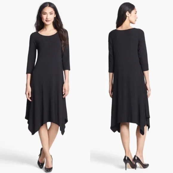 Eileen Fisher Asymmetrical Black Dress 3/4 Sleeve, Black, Large
