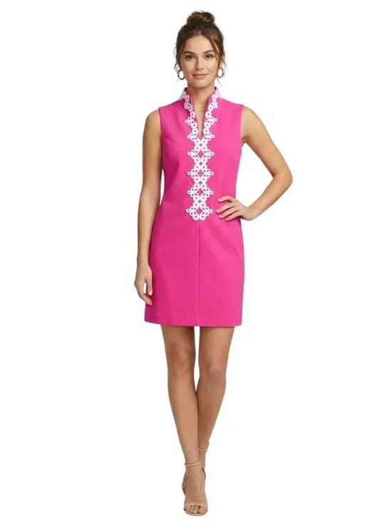Vince Camuto Hot Pink Crochet Embellished Shift Dress Summer Vacation Size 6