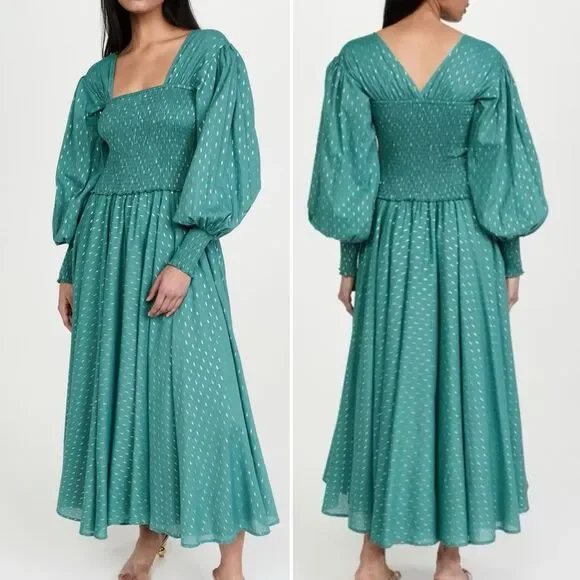 Abacaxi Eva Dress Teal Metallic Cotton Maxi Puff Sleeve Smocked Bodice Sz Large