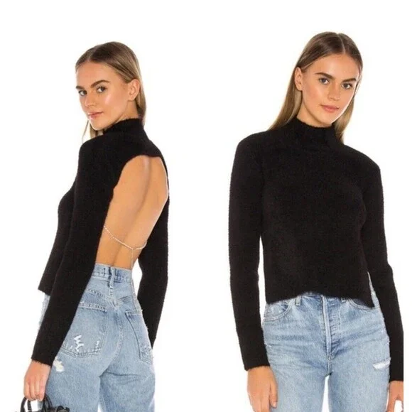 H:our Revolve Mock Neck Open Back Black Sweater With Rhinestone Chain‎ Size XS