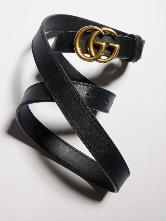 Gucci Marmont Thin Belt (Black Leather Belt with Gold Double G Buckle)