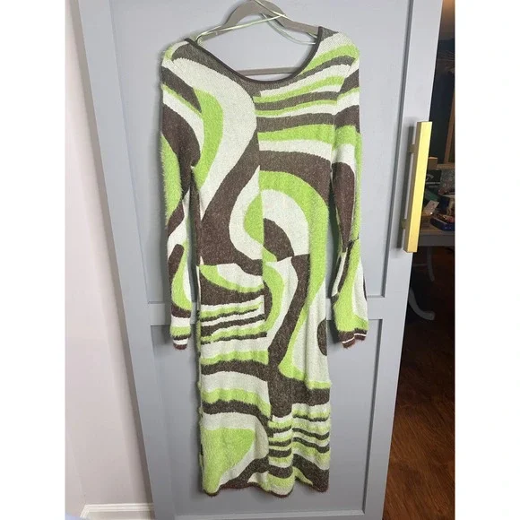 House of Sunny NWTSwirl Fuzzy Knit Midi Dress Green Brown Cut Out Back SIZE 10