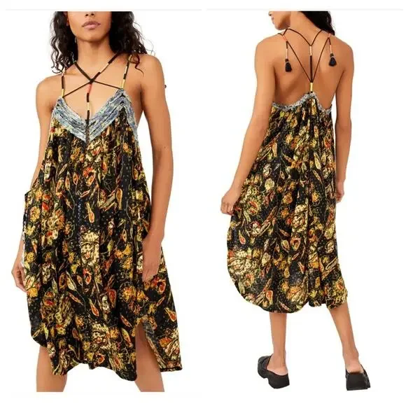 Free People Garden Party Cotton Blend Knit Dress In Black Combo Size XS