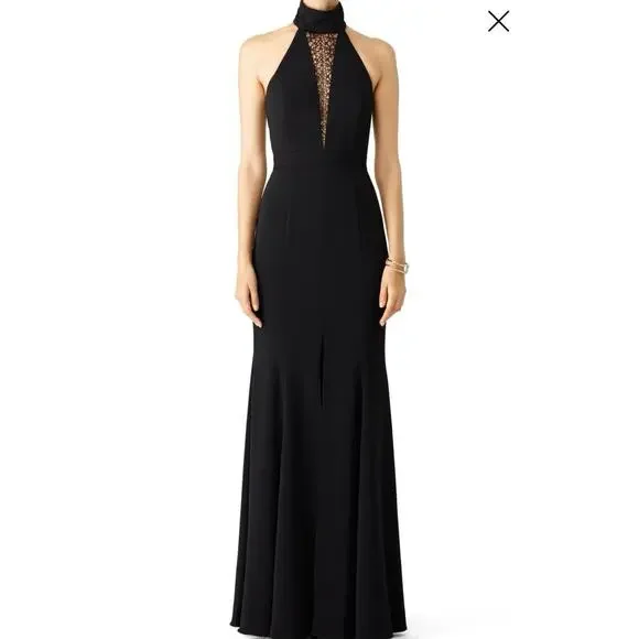 JAY GODFREY Black Lace Front High Neckline Triangle Open Back Gown size 6