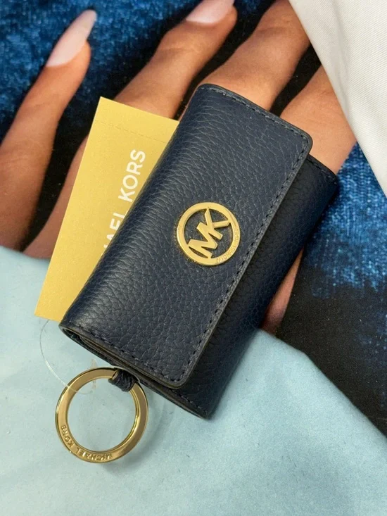 (new+tag) Michael Kors Navy Pebbled Leather Key Case with Gold Tone Hardware
