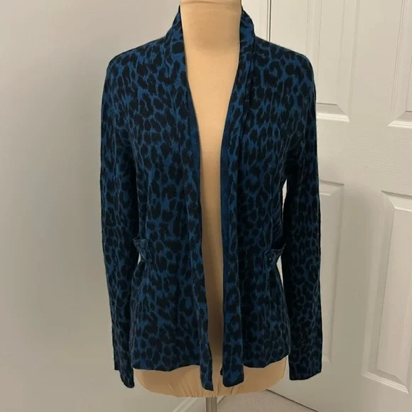 White + Warren Blue Black Animal Print Cashmere Cardigan