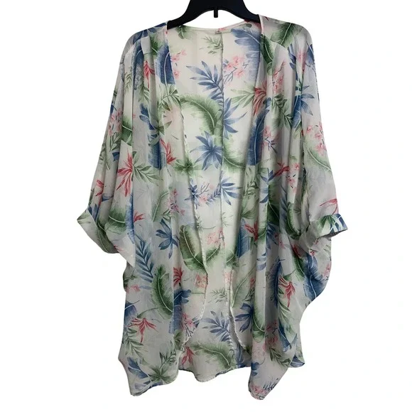 Tropical Palm‎ Floral Cotton Kimono Wrap Cover Up White Green Blue XL