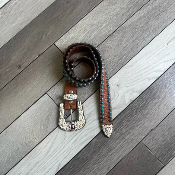 LeatherRock Vintage Tan Leather Belt W/Blue Studs And Multicolored Rock |Size:36