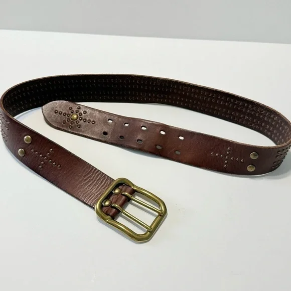 Linea Pelle Vintage Brown Leather Studded Western Belt Brass Double Prong Sz L