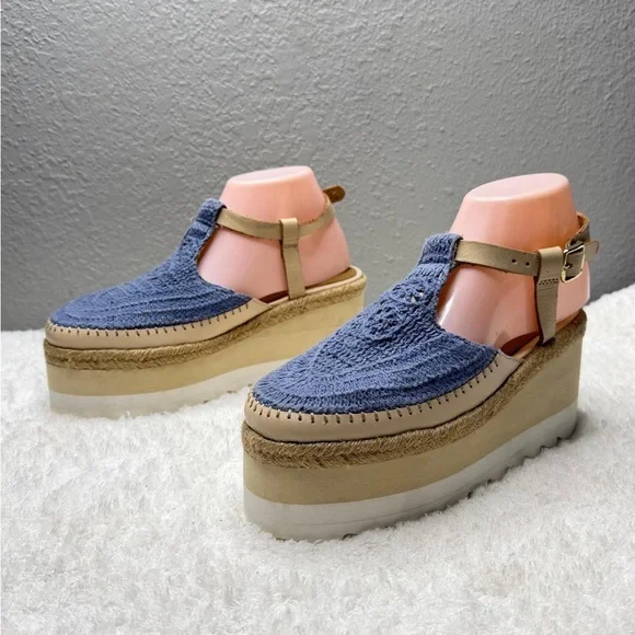 Free People Morning In Mykonos Crochet Espadrille Platform Wedges Seascape W 9