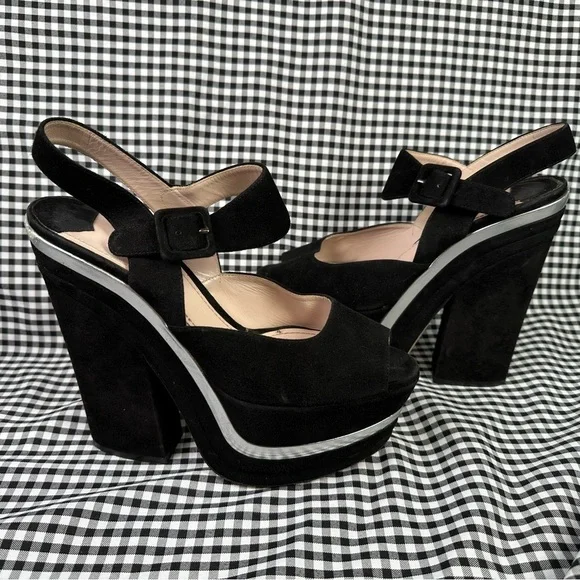Miu Miu Black Silver Metallic 70s Disco Style Suede Platform Sandals EU 38 US 8