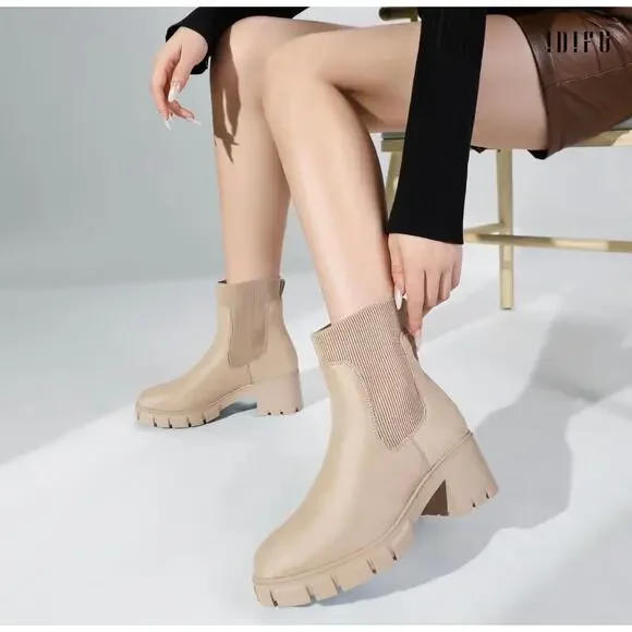 IDIFU Women's Nude Chelsea Slip On Platform Ankle Boots with Chunky Block Heel