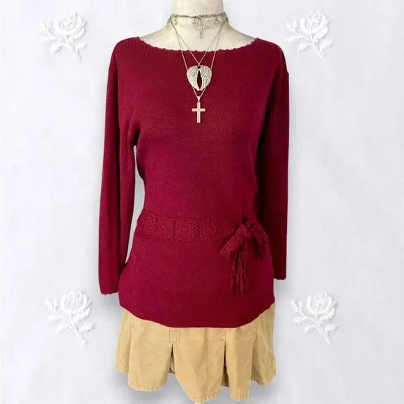 Sag Harbor Vintage Whimsygoth Burgundy Red Front Tie Knit Crochet Sweater S